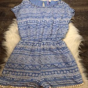 Francesca's Blue White Aztec Pom Pom Romper